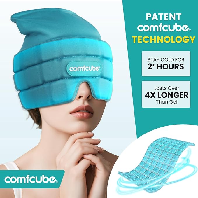 Migraine & Headache Relief Ice Cap, 2 Hours Long Lasting Cold Therapy Wearable & Washable Form Fitting Ice Hat for Sinus & Stress Relief, Puffy Eyes, Severe Migraines, Chemo