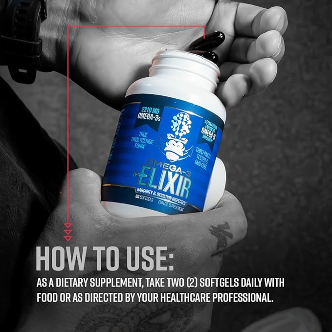 Gorilla Mind Omega-3 Elixir™ | 2210mg Fish Oil Re-Esterified Triglyceride Form | EPA, DHA + 2 Fatty Acids | Astaxanthin Infusion for Bolstered Integrity | 3rd Party & Rancidity Tested | 60 Softgels