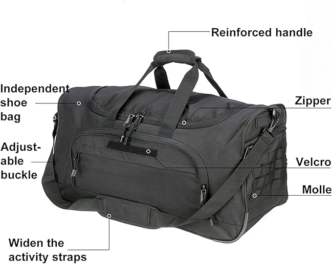 HYKING Gym Bag for Women & Men Tactical Duffle Military Weekender Work Out Lightweight Waterproof Sports Tote Shoe Pocket Black