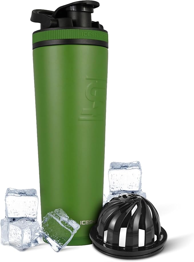 Ice Shaker Insulated Stainless Steel Shaker Bottle | 32oz, Green | Cold for 30+ Hours | Insulated Cup with Twist-on Agitator | Odor-Free Bottle for Protein Shakes, Water, Smoothies, Cocktails