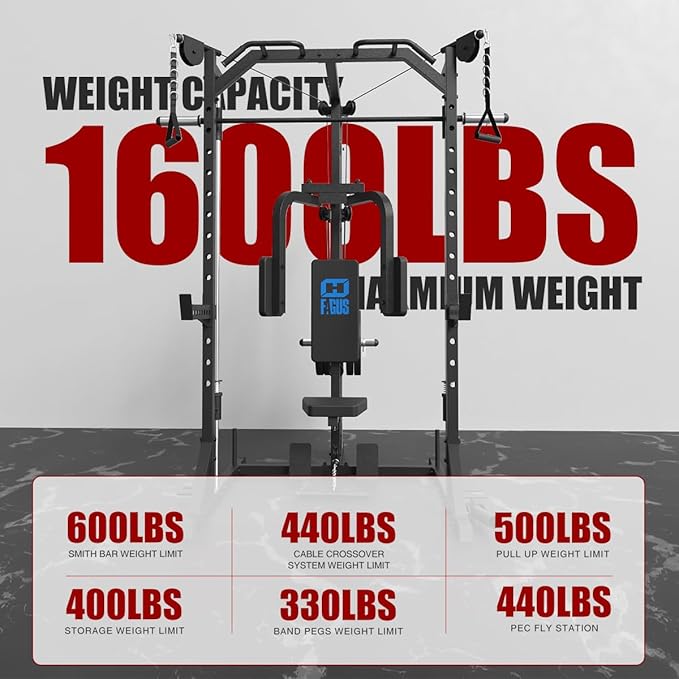 FAGUS Smith Machine Home Gym Power Cage with Pulley System, Space Saving Design Squat Rack with Full Body Strength Training Attachments, PEC Station & Fixed Cable Crossover Optional