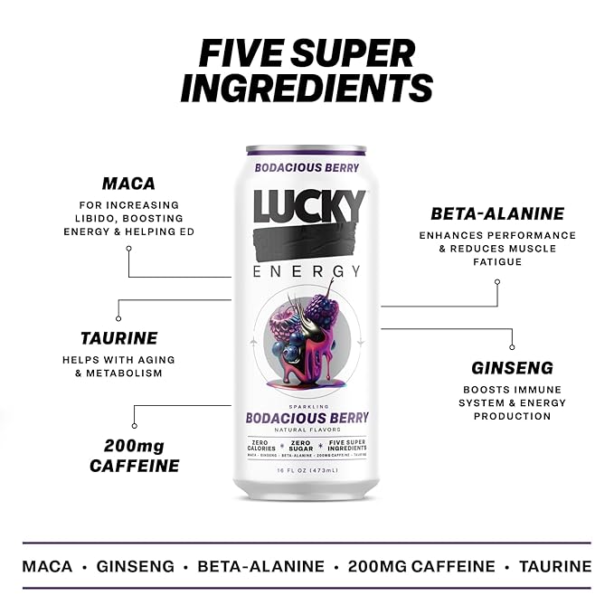 Lucky Energy Sugar Free Energy Drinks 16 Fl Oz Cans (12-Pack) Healthy Energy Drink. Bodacious Berry with Maca, Ginseng, Taurine, Beta-Alanine, 200mg Caffeine