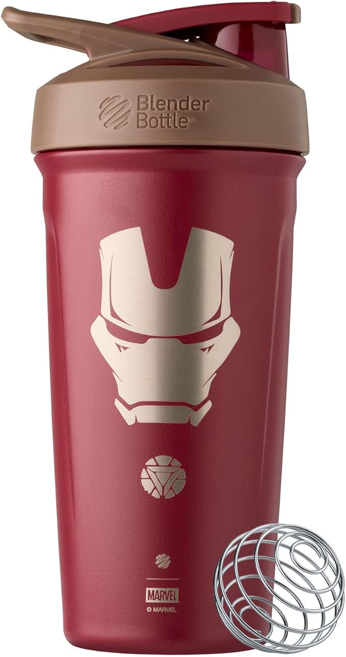 BlenderBottle Marvel Sport Insulated Stainless Steel Shaker Bottle with Wire Whisk, 24-Ounce, Iron Man – Protein Shakes & Hydration for Athletes & Fitness Enthusiasts, Easy Mixing, Keeps Drinks Cold, Lockable Lid
