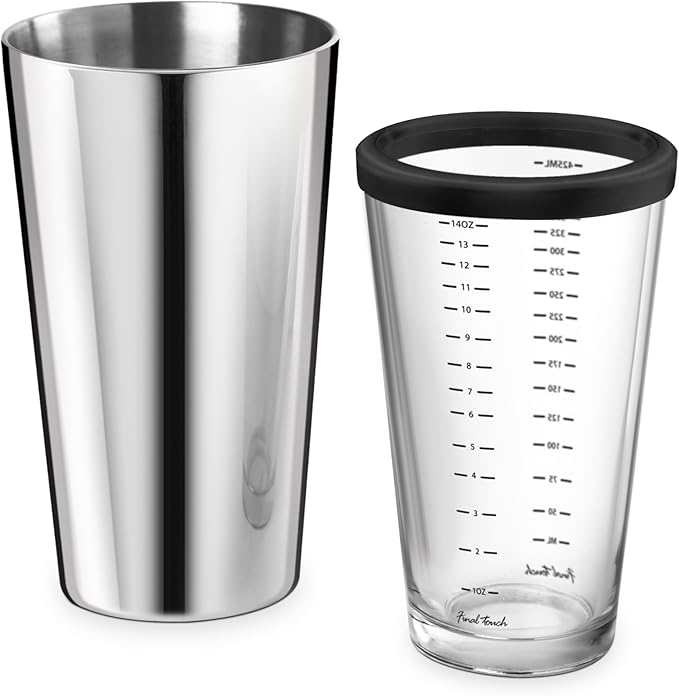 Final Touch Double-Wall Boston Shaker Set - Stainless Steel Mixing Glass with Silicone Seal - BPA-Free, Compact Storage - Leak-Proof Design - Cocktail Bartender Kit (FTA1852)
