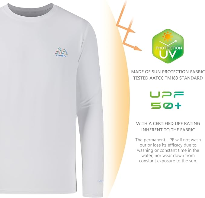 Men’s UPF 50+ Long Sleeve Performance T-Shirts Permanent UV Protective Quick Dry for Everyday Hiking Fishing Beach