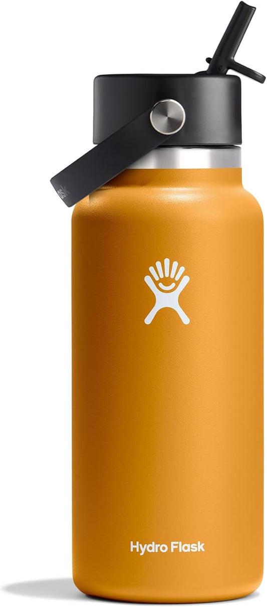Hydro Flask Water Bottle - Insulated Stainless Steel - Wide Mouth Flex Straw Lid, Non Spill, Leakproof and Refillable in 32 Oz Fossil