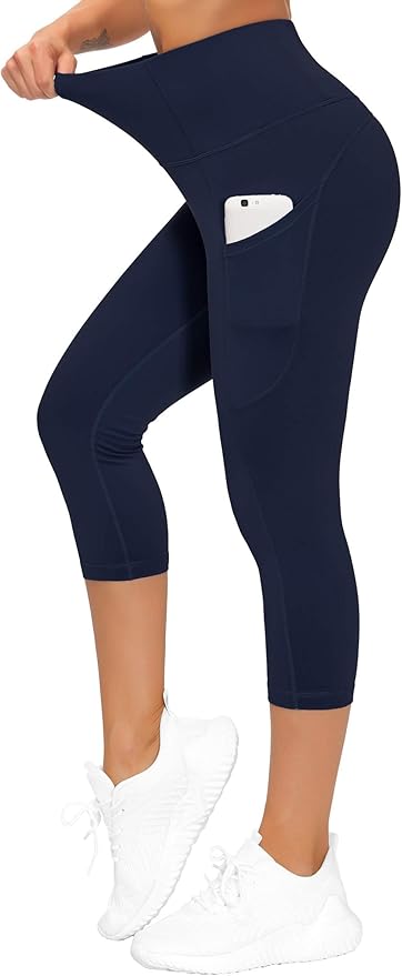 THE GYM PEOPLE Thick High Waist Capris Yoga Pants with Pockets, Tummy Control Workout Running Yoga Leggings for Women