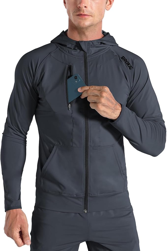 BROKIG Mens WindBreak Lightweight Running Jackets with Zip Pocket, Workout Track Hoodie Athletic Gym Sweatshirts Men
