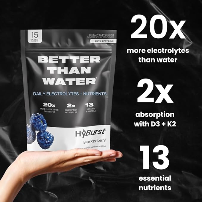 Electrolyte & Vitamin Supplement Powder, Drink Mix with B12, L-Theanine, D3, K2, Zinc, Magnesium, Potassium, Supports Calm Focus & Energy, Blue Raspberry, 15 Pack