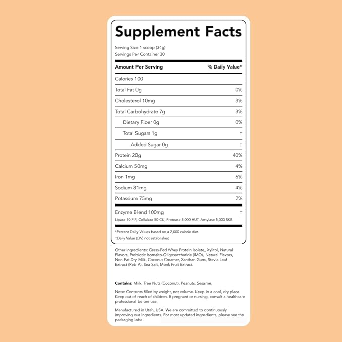 Clean Simple Eats Whey Protein Powder, Coconut Cream Flavor Naturally Sweetened, 100% Grass Fed Protein Powder with Digestive Enzymes & No Artificial Ingredients, Gluten Free, 30 Servings