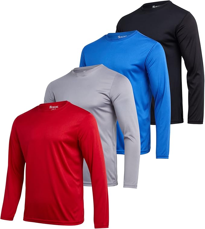 iXtreme Mens Athletic Shirts - 4 Pack Moisture Wicking Long Sleeve Dri Fit Shirts for Men - Workout Tops & Activewear (S-3X)