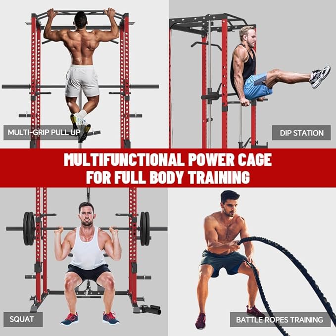 FAGUS Power Cage, Multi-Function Power Rack with LAT Pulldown, Seated Row, Cable Pulley System, J-Hooks, Dip Handles, Landmine, Squat Rack with Optional Cable Corssover, Smithe Attachment for Home Gym