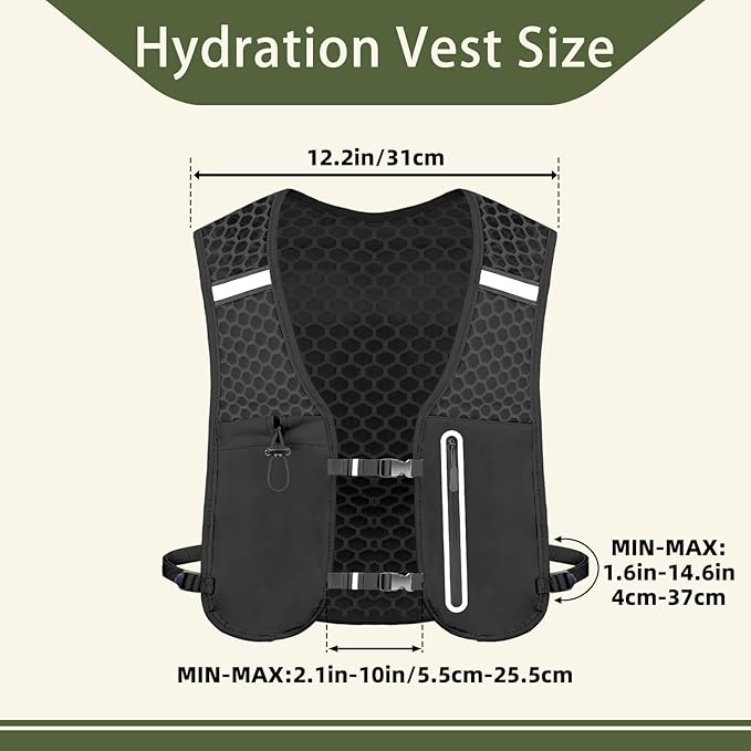 Unisex Running Vest Running Backpack - Adjustable Size Lightweight Trail Hydration Vest with 2L Bladder & 500ml Soft Flask, Mesh, Large Phone Pocket for Night Walking, Marathon(Reflective Strips)
