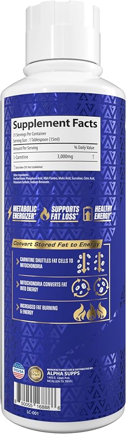 Alpha Supps L Carnitine Liquid 3000 | Stimulant-Free L-Carnitine Supplement for Men & Women | Pre-Workout Energy Boost & Muscle Recovery | Zero Sugar, Fat, & Carbs | 31 Servings (Sour Gummy Worms)