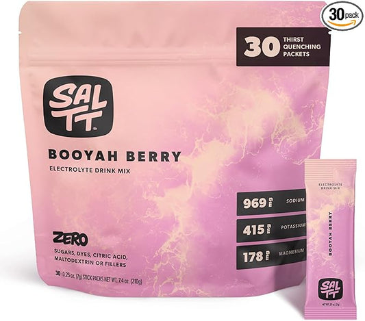 SALTT Electrolytes Powder Flavored Drink Mix - Booyah Berry - 30 Hydration Packets - Magnesium, Potassium, Sodium, Trace Minerals - Zero Sugar & Gluten Free - Travel Essentials