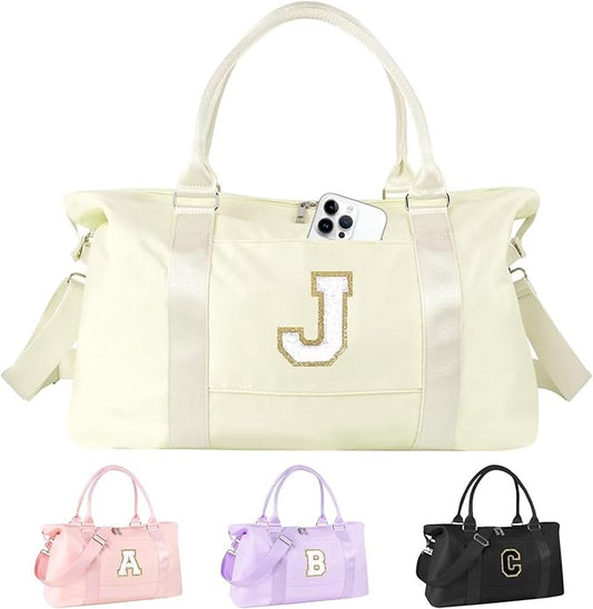 Dance Gym Duffel Bag for Teen Girls, Personalized Initial Travel Weekender Bag,Cute Overnight Carry On Duffle for Women,Sports Travel Cheer Bag,Monogram Christmas Gifts for Tween Preppy(beige-J)