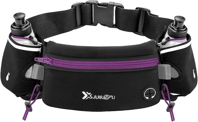 Running Belt with Water Bottles(2 x 175ML), Hydration Belt Waterproof Waist Pack Bag Fits iPhones Adjustable Sports Waist Pouch for Marathon Running Hiking Cycling, Purple