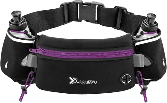 Running Belt with Water Bottles(2 x 175ML), Hydration Belt Waterproof Waist Pack Bag Fits iPhones Adjustable Sports Waist Pouch for Marathon Running Hiking Cycling, Purple