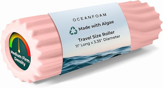 Oceanfoam Ripple Travel Foam Roller (11" x 3.35") Firm Mini Foam Roller for Physical Therapy, Deep Tissue Massage, Back Pain - High Density, Ergonomic Wave Textured - Yoga, Pilates, Exercise (Blush)