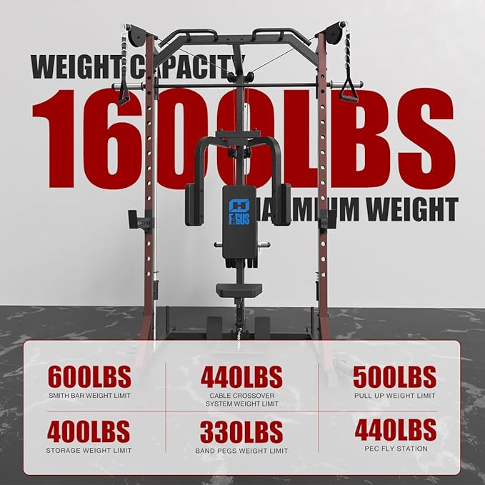 FAGUS Smith Machine Home Gym Power Cage with Pulley System, Space Saving Design Squat Rack with Full Body Strength Training Attachments, PEC Station & Fixed Cable Crossover Optional
