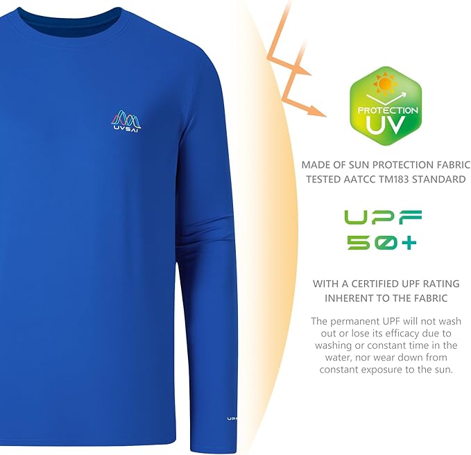 Men’s UPF 50+ Long Sleeve Performance T-Shirts Permanent UV Protective Quick Dry for Everyday Hiking Fishing Beach