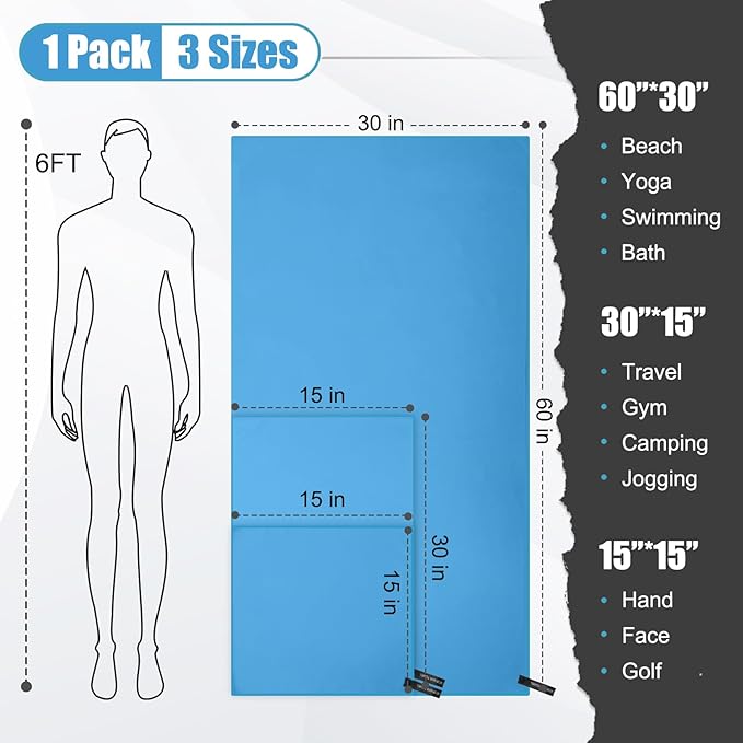 Quick Dry Travel Towel, 3 Sizes 1 Pack Camping Microfiber Towel, Lightweight Fast Drying Towels Set 60"x30", 30"x15", 15"x15" w/Bag for Gym, Beach, Hiking, Swimming, Light Blue