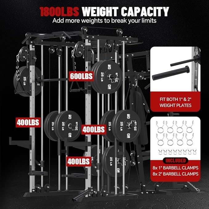 All in One Home Gym System Workout Station, Multi-Function Smithe Machine Power Cage with Cable Crossover System, Tripe-Sided Independent Load Posts, Functional Trainer for Full Body Training