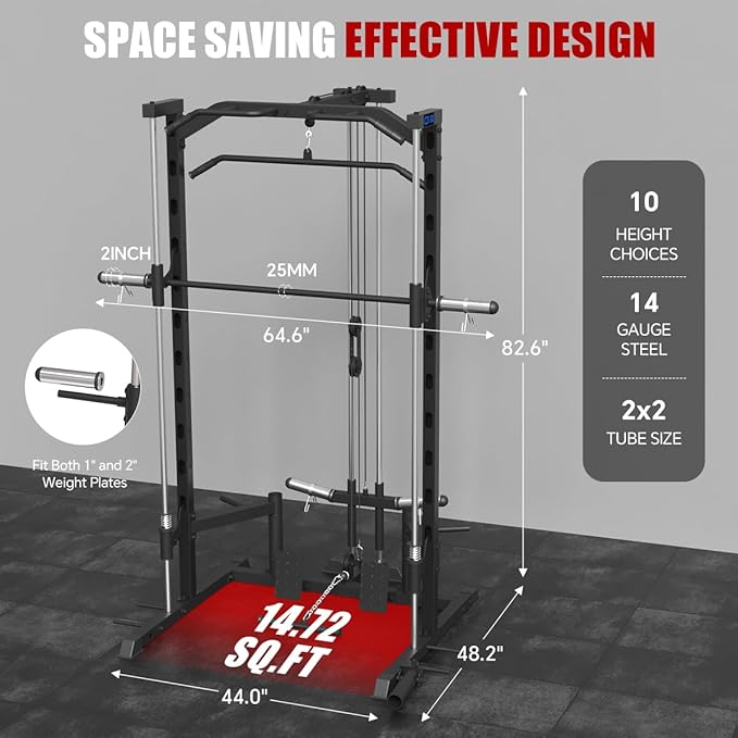 FAGUS Smith Machine Home Gym Power Cage with Pulley System, Space Saving Design Squat Rack with Full Body Strength Training Attachments, PEC Station & Fixed Cable Crossover Optional