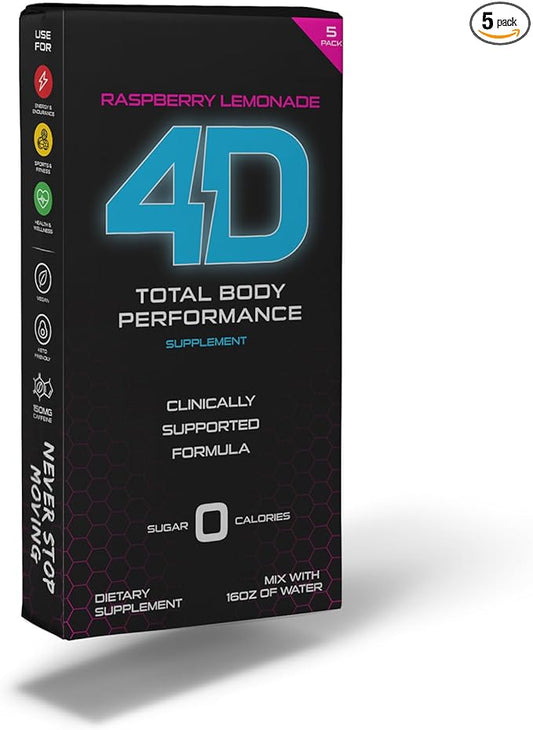4D Raspberry Lemonade 5 Unit Box- Total Body Performance Drink Mixes - Electrolytes, Aminos, Vitamins & Energy Powder Packets - Zero Calories & Sugars - Gluten Free, Non-GMO, Keto & Vegan Friendly