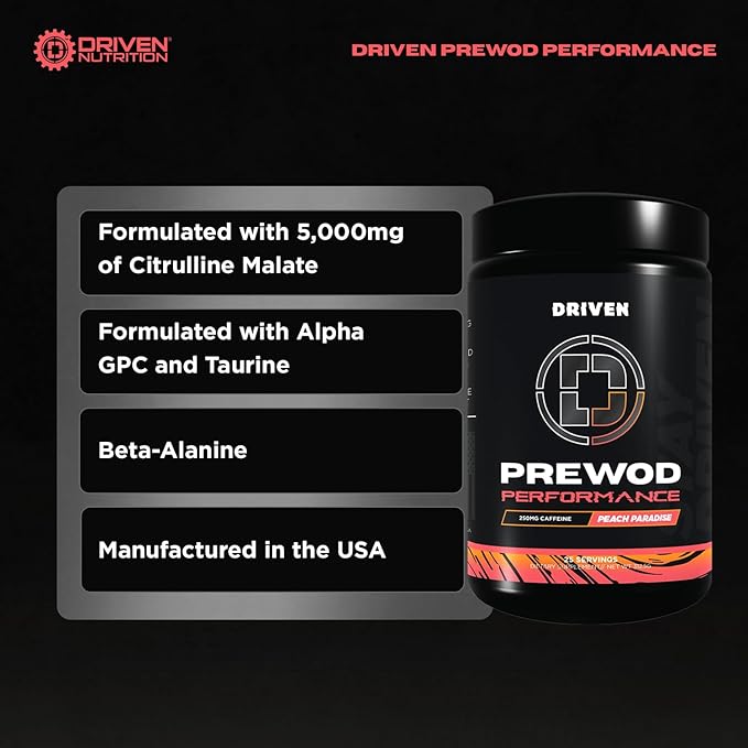 Driven PREWOD Energy Drink Powder, 25 Servings - Pre-Workout Supplement wit- Boosts Energy, Focus, Strength, & Endurance for High-Intensity Training (Performace, Peach Paradise)