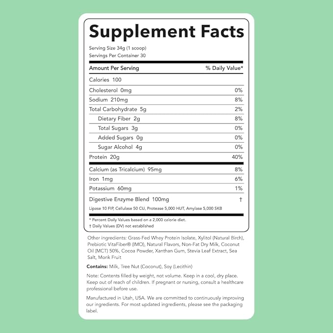 Clean Simple Eats Whey Protein Powder, Mint Chocolate Cookie Flavor, Naturally Sweetened, 100% Grass Fed Protein Powder with Digestive Enzymes, No Artificial Ingredients, Gluten Free, 30 Srvgs