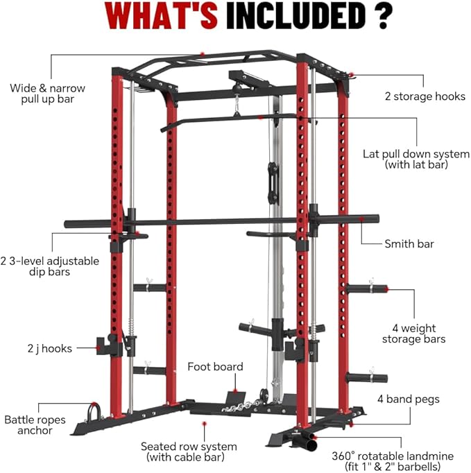 FAGUS Power Cage, Multi-Function Power Rack with LAT Pulldown, Seated Row, Cable Pulley System, J-Hooks, Dip Handles, Landmine, Squat Rack with Optional Cable Corssover, Smithe Attachment for Home Gym