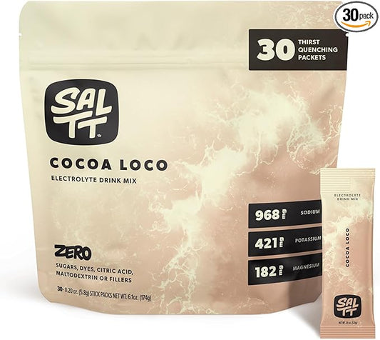 SALTT Electrolytes Powder Flavored Drink Mix - Cocoa Loco - 30 Hydration Packets - Magnesium, Potassium, Sodium, Trace Minerals - Zero Sugar & Gluten Free - Travel Essentials