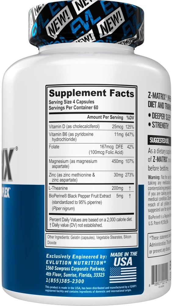 EVL Post Workout Recovery Supplement - Magnesium and Zinc - ZMatrix Zinc Magnesium Aspartate Muscle Recovery Supplement for Sleep Support and Muscle Health