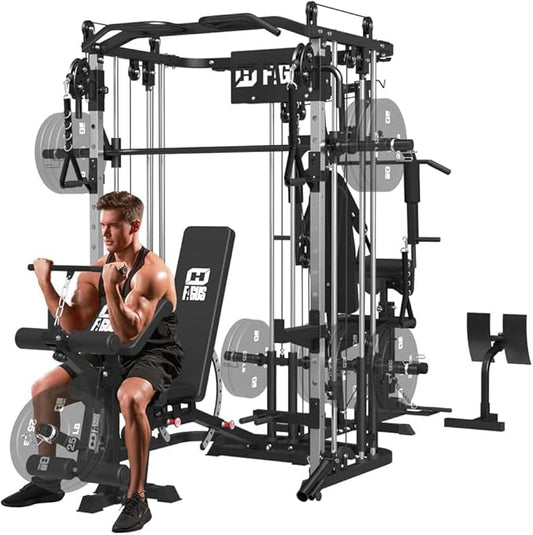 All in One Home Gym System Workout Station, Multi-Function Smithe Machine Power Cage with Cable Crossover System, Tripe-Sided Independent Load Posts, Functional Trainer for Full Body Training
