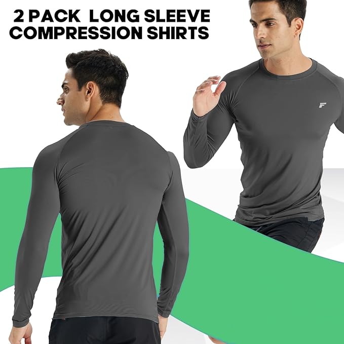 Men's Compression Shirts Long Sleeve Running Athletic Undershirts Workout Baseball Base Layer Fishing Rash Guard Tops 2 Pack