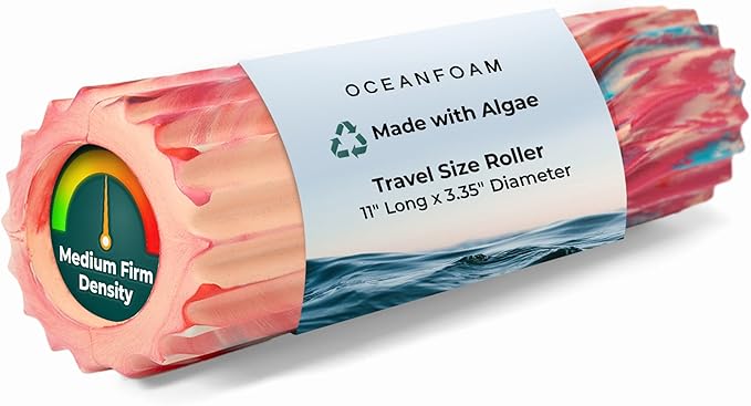 Oceanfoam Ripple Travel Foam Roller (11" x 3.35") Firm Mini Foam Roller for Physical Therapy, Deep Tissue Massage, Back Pain - High Density, Ergonomic Wave Textured - Yoga, Exercise (Cotton Candy)