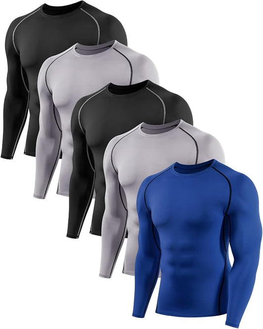 5,6 Pack Men's Compression Shirts Long Sleeve Rash Guard Workout Undershirt Base Layer Athletic Shirt