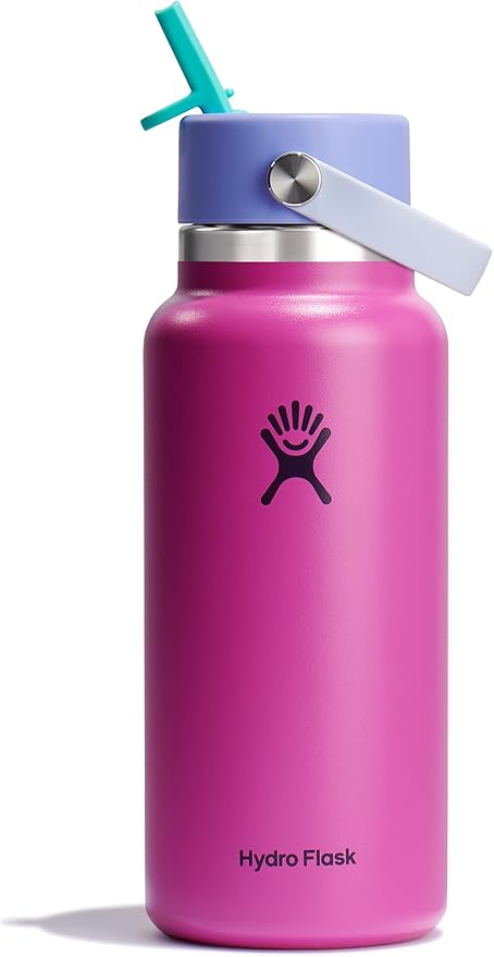 Hydro Flask Water Bottle - Insulated Stainless Steel - Wide Mouth Flex Straw Lid, Non Spill, Leakproof and Refillable in 32 Oz Holiday Punch