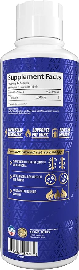 Alpha Supps L Carnitine Liquid 3000 | Stimulant-Free L-Carnitine Supplement for Men & Women | Pre-Workout Energy Boost & Muscle Recovery | Zero Sugar, Fat, & Carbs | 31 Servings (Bombsicle)