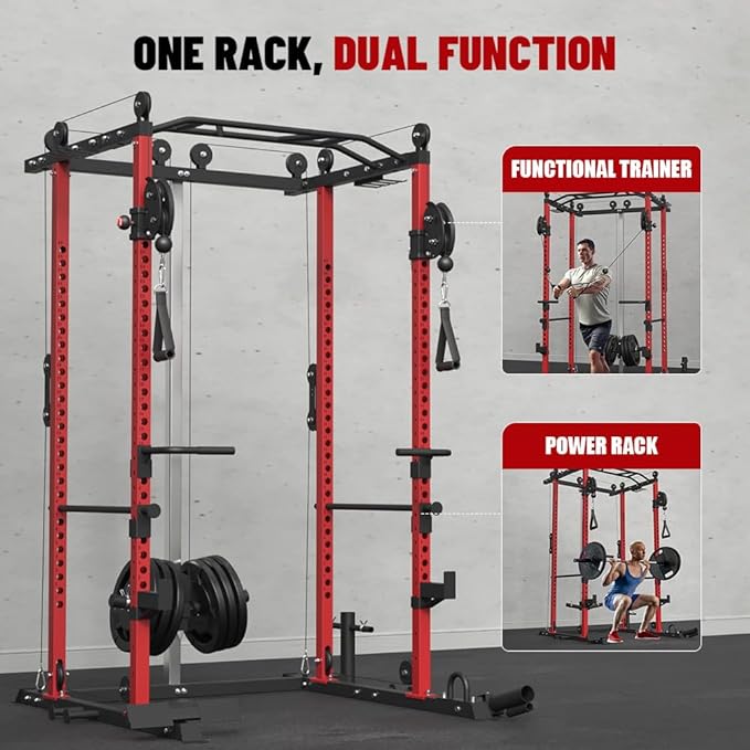 FAGUS Power Cage, Multi-Function Power Rack with LAT Pulldown, Seated Row, Cable Pulley System, J-Hooks, Dip Handles, Landmine, Squat Rack with Optional Cable Corssover, Smithe Attachment for Home Gym