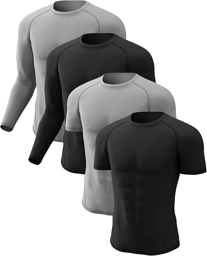 CL convallaria 4 Pack Compression Shirts Men Long Short Sleeve Cooling Dry Rash Guard Athletic Workout T Shirt for Sports