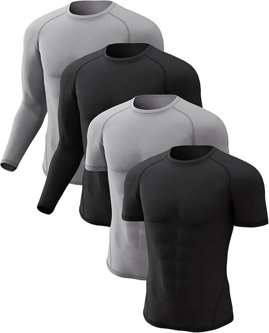 CL convallaria 4 Pack Compression Shirts Men Long Short Sleeve Cooling Dry Rash Guard Athletic Workout T Shirt for Sports