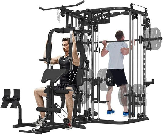 All in One Home Gym System Workout Station, Multi-Function Smithe Machine Power Cage with Cable Crossover System, Tripe-Sided Independent Load Posts, Functional Trainer for Full Body Training