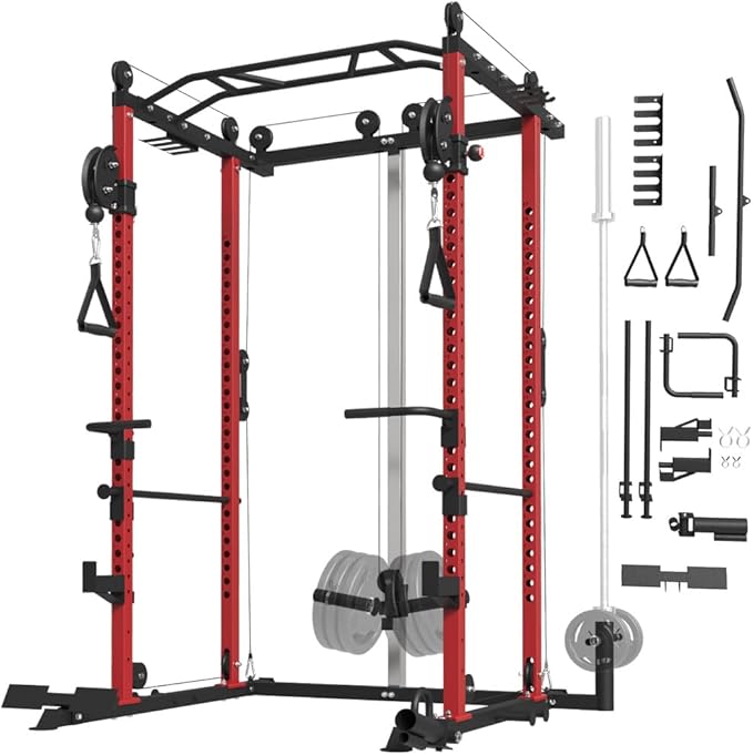 FAGUS Power Cage, Multi-Function Power Rack with LAT Pulldown, Seated Row, Cable Pulley System, J-Hooks, Dip Handles, Landmine, Squat Rack with Optional Cable Corssover, Smithe Attachment for Home Gym