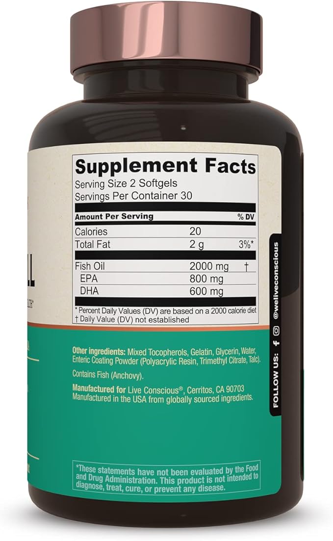 Live Conscious OmegaWell Omega 3 Fish Oil - 2000mg Capsules: Heart, Brain, & Joint Support - 800 mg EPA 600 mg DHA - Sustainably Sourced - Softgels - 30 Day Supply
