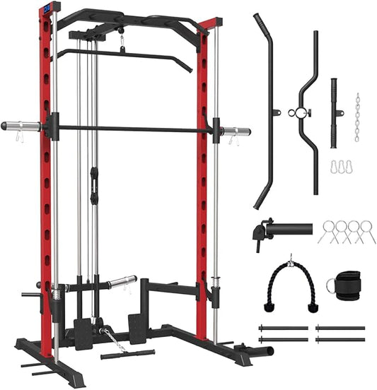 FAGUS Smith Machine Home Gym Power Cage with Pulley System, Space Saving Design Squat Rack with Full Body Strength Training Attachments, PEC Station & Fixed Cable Crossover Optional