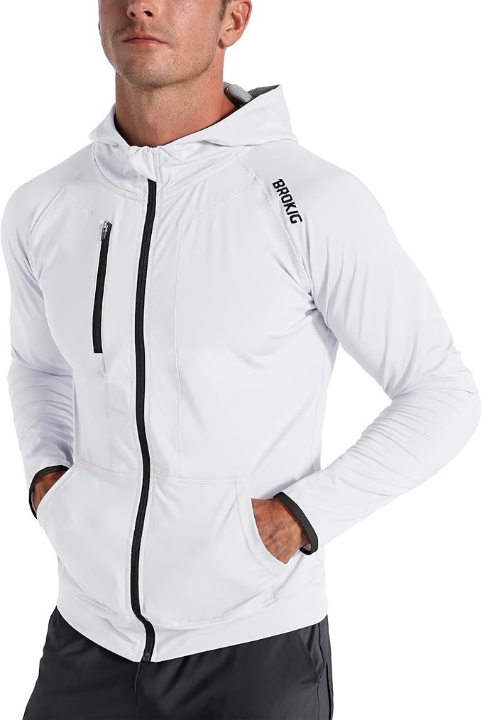 BROKIG Mens WindBreak Lightweight Running Jackets with Zip Pocket, Workout Track Hoodie Athletic Gym Sweatshirts Men