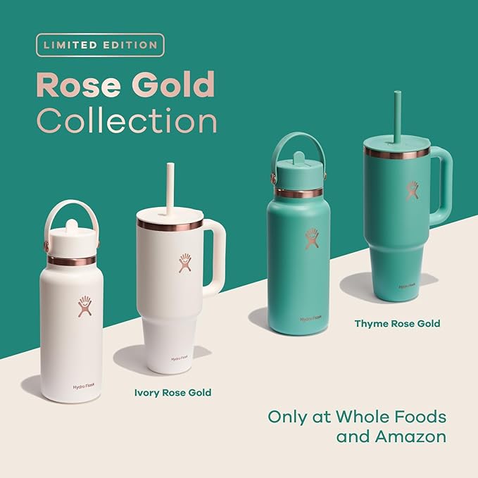 Hydro Flask Water Bottle - Insulated Stainless Steel - Wide Mouth Flex Straw Lid, Non Spill, Leakproof and Refillable in 32 Oz Thyme Rose Gold
