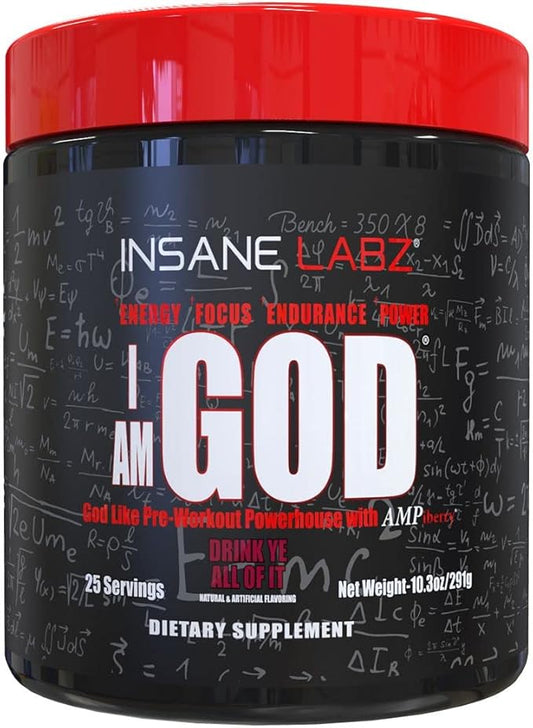 Insane Labz I am God Pre Workout, High Stim Pre Workout Powder Loaded with Creatine and DMAE Bitartrate Fueled by AMPiberry, Energy Focus Endurance Muscle Growth,25 Srvgs,Drink Ye All of It